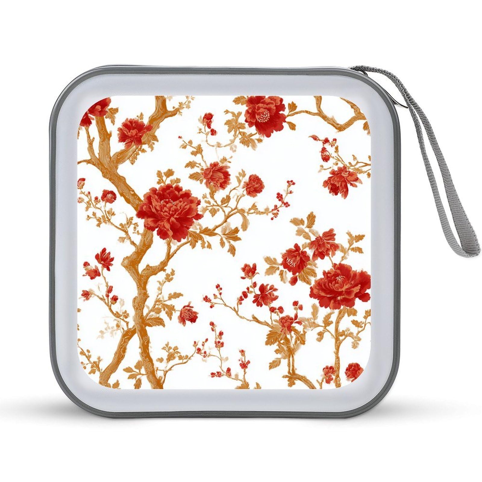 Jubonexis Red And Gold Chinoiserie Toile Vintage Floral CD Case DVD Storage Case Portable for Car Home Travel