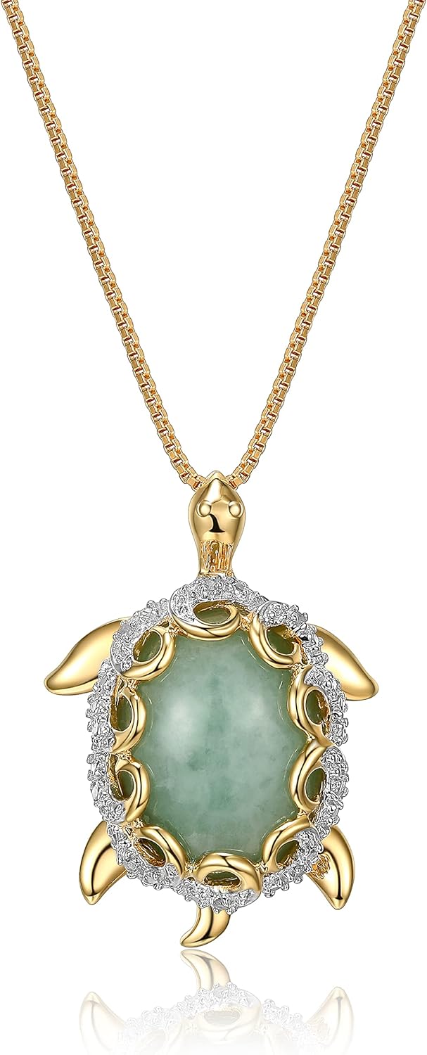 MORGAN & PAIGE .925 Sterling Silver 18K Gold Plated Genuine Jade Necklaces for Women - Elephant and White Sapphire or Turtle with 1/10 cttw Diamond Pendant, Gold Necklace for Women Jewelry 18 inch