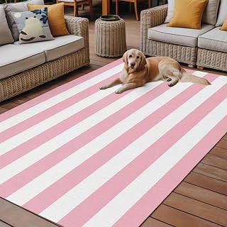 Outdoor Area Rug for Patio, Pink White Stripe Camping Rugs Indoor Large Floor Mat 5x8ft, Classic Geometric Line Outside Carpet for Deck RV Picnic Porch Backyard Bedroom