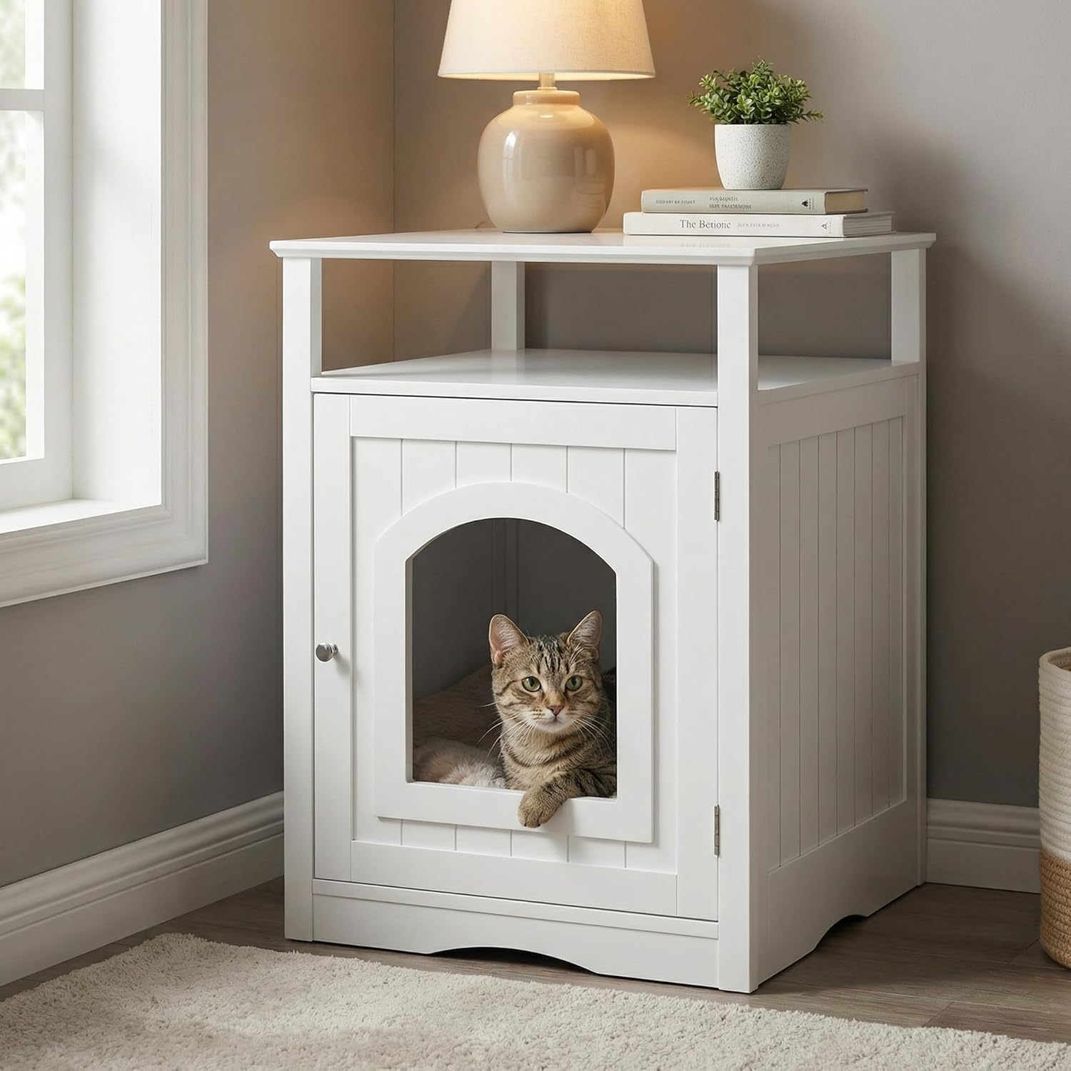 24.80'' Modern Cat Litter Box Enclosure Furniture with Storage Shelf & Side Hook, Hidden Cat House Cabinet with White Finish for Living Room Bedroom, White