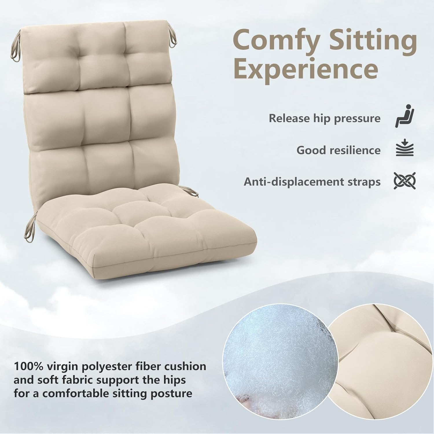 Tufted Adirondack Chair Cushion UV-Proof Water-Resistant Wicker High Back Outdoor Seat Cushion Set of 2 Beige