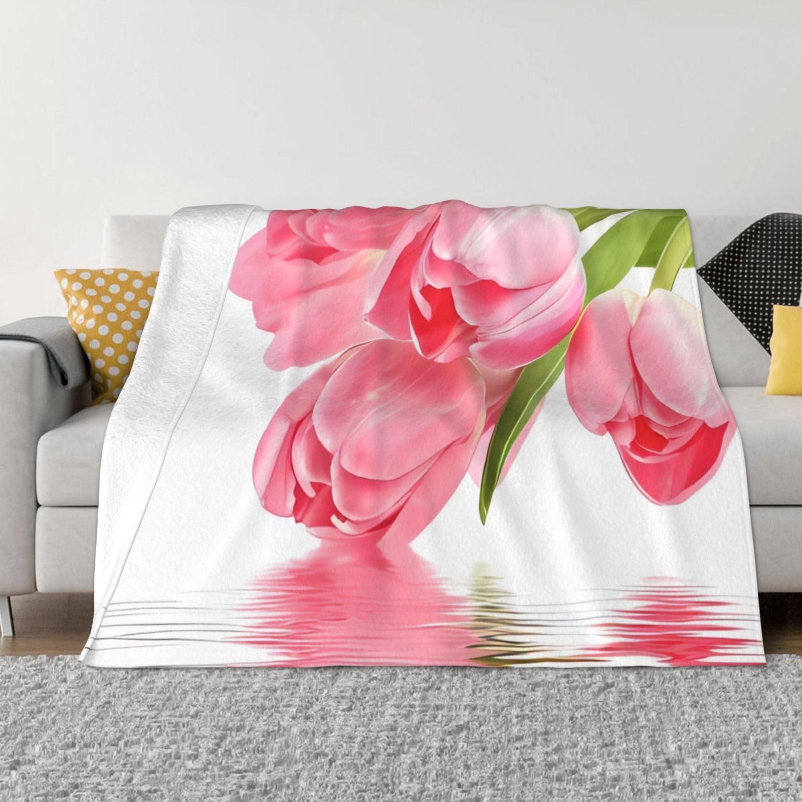 Couverture florale rose chaude en flanelle légère pour lit et salon