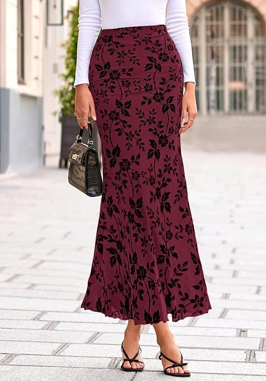 BTFBM Womens Floral Mesh Maxi Skirt 2026 Spring Summer Elastic High Waisted Boho Elegant Mermaid Long Skirts for Women