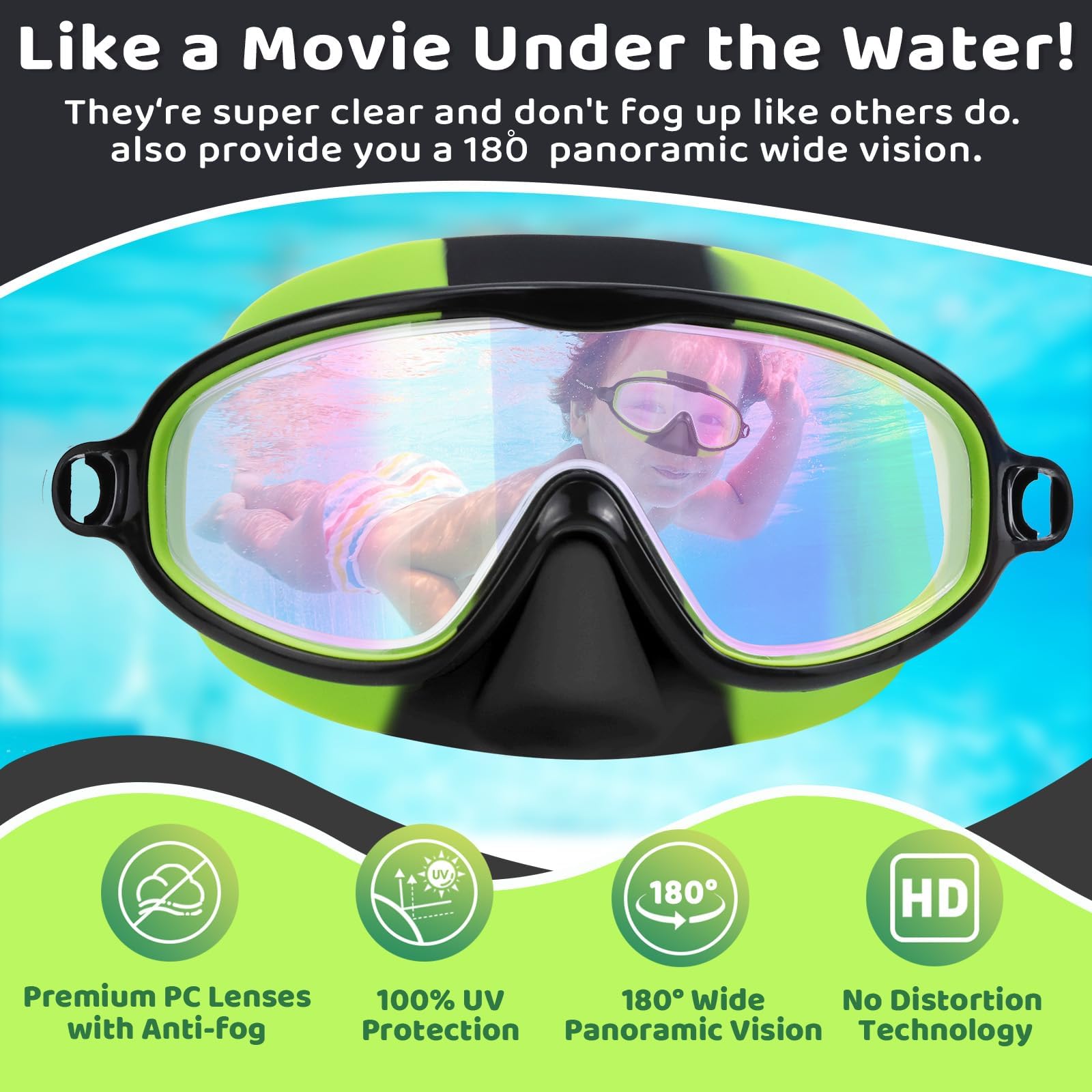 Vvinca Lot de 2 lunettes de natation pour enfants avec cache-nez, masque de plongée large vue anti-buée, UV, anti-éclats pour enfants de 3 à 6 ans