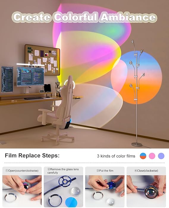 TACAHE RGBW Halo Projector Floor Lamp - 4000K LED with Replaceable Color Filters - Light and Shadow Mood Light - Multi-Head Ambient Decor Lighting for Bedroom, Living Room - 73 - 12W - Chrome
