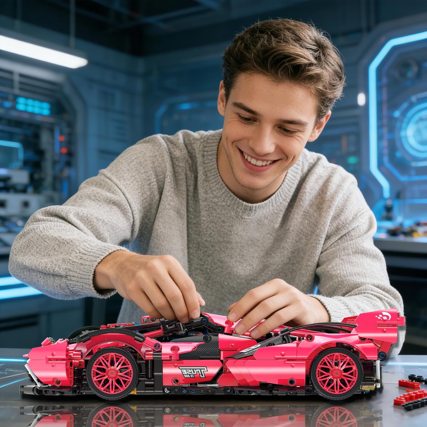 1:14 Sport Car Building Kits,Collectible V12 Vision Super Car Building Blocks, Gifts for Adults, Enthusiasts, Boys Girls Ages 8 9 10 11 12+(852PCS-Non-motorized Version)