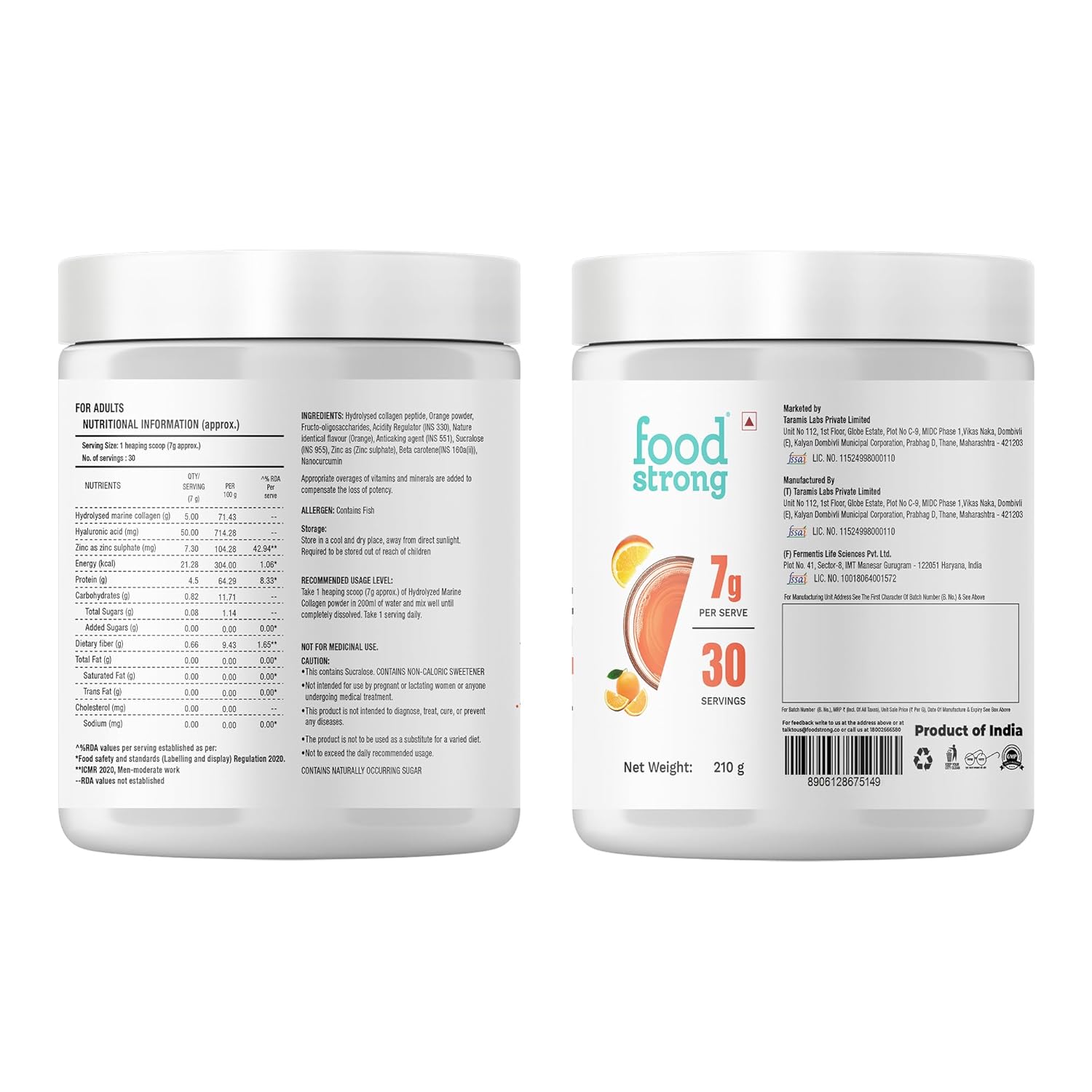 Foodstrong Hydrolyzed Marine Collagen Powder - Orange Taste | 30 servings | Skin supports hydration, hair nutrition and glow. 210g Foodstrong Hydrolyzed Marine Collagen Powder - Orange Taste | 30 servings | Skin supports hydration, hair nutrition and glow. 210g
