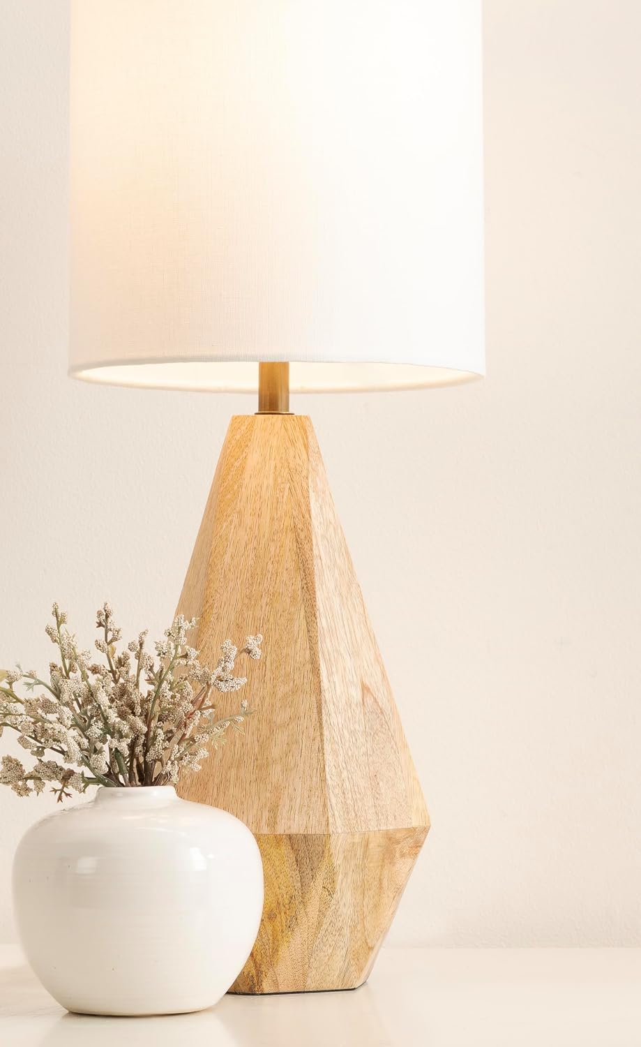 Kate and Laurel Marcedes Modern Mango Wood Bedside Table Lamp, 8 x 8 x 20, Natural Wood, Faceted Decorative Tabletop Desk Lamp with Linen Shade for Living Room Decor