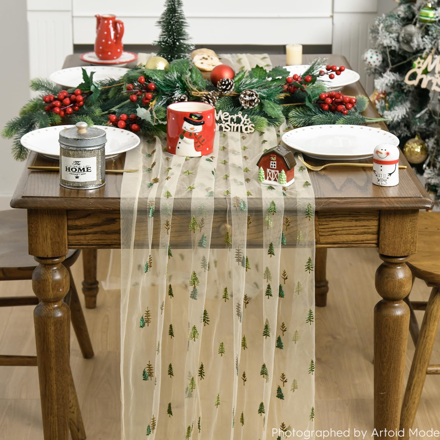 Artoid Mode 3PCS Embroidery Christmas Tree Apricot Gauze Table Runner 120 Inch 10FT, Seasonal Sheer Dining Holiday Wedding Birthday Table Decor for Home Party