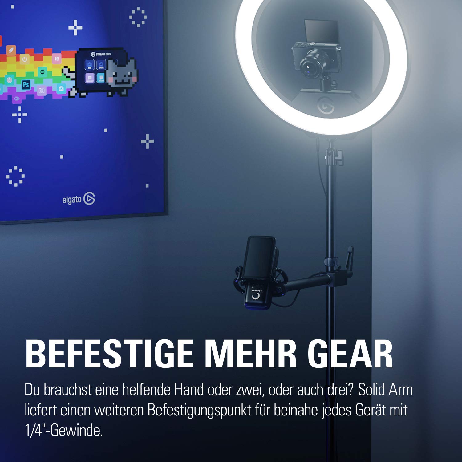 Elgato Solid Arm, Haltearm mit gepolsterter Klemme | Klemmt horizontal an Master Mount, Kugelkopf mit 1/4-Zoll-Gewinde, Stahl und Hartverbundstoff