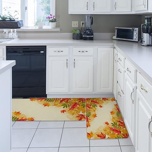 Miniatura 3 de Juego de 2 tapetes y alfombras de cocina de otoño con diseño de calabazas amarillas, blancas, doradas, rústicas, lavables, absorbentes, antifatiga,