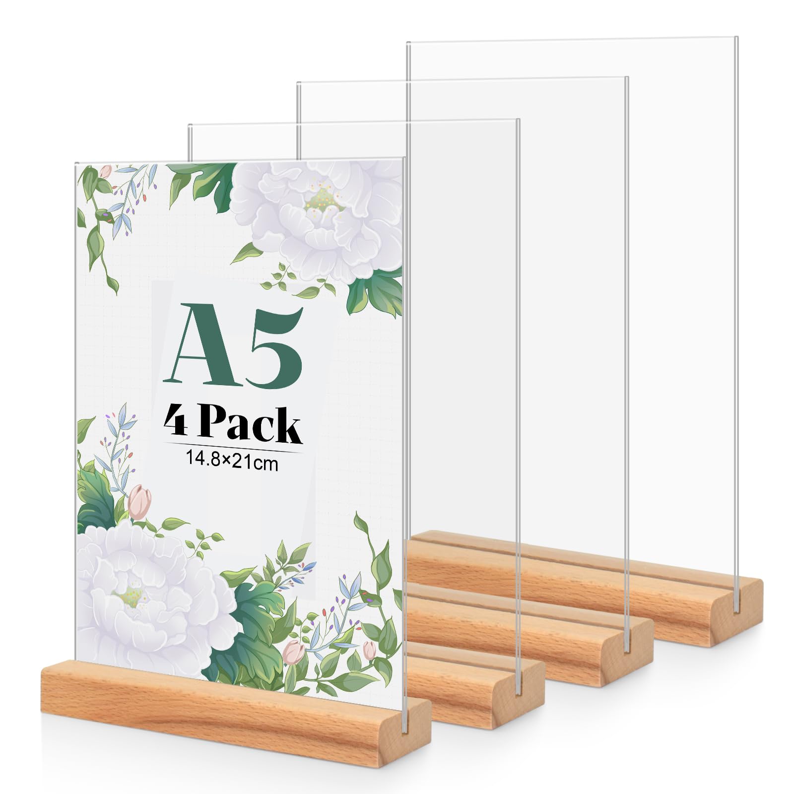 Lot de 4 Porte Affiche en Acrylique A5, Base en Bois T Forme Support Double Face Transparent, Cadre Photo en Plastique, Affichage de Menu Presentoir pour Réception, Bureau, Magasin, Restaurant, Hôtel