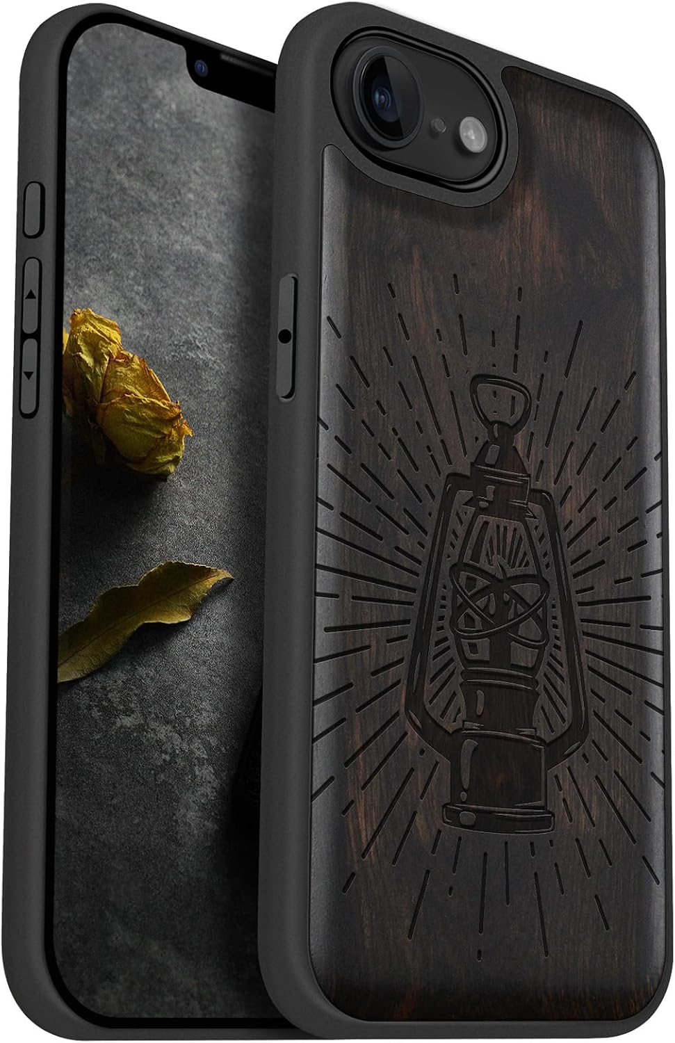 Carveit Magnetic Wooden Case for iPhone 16e / 17e, Solid Wood & Black TPU, Artisan Engraved Design, Shockproof Cover, Compatible with MagSafe Wireless Chargers, Radiant Vintage Lantern - Walnut