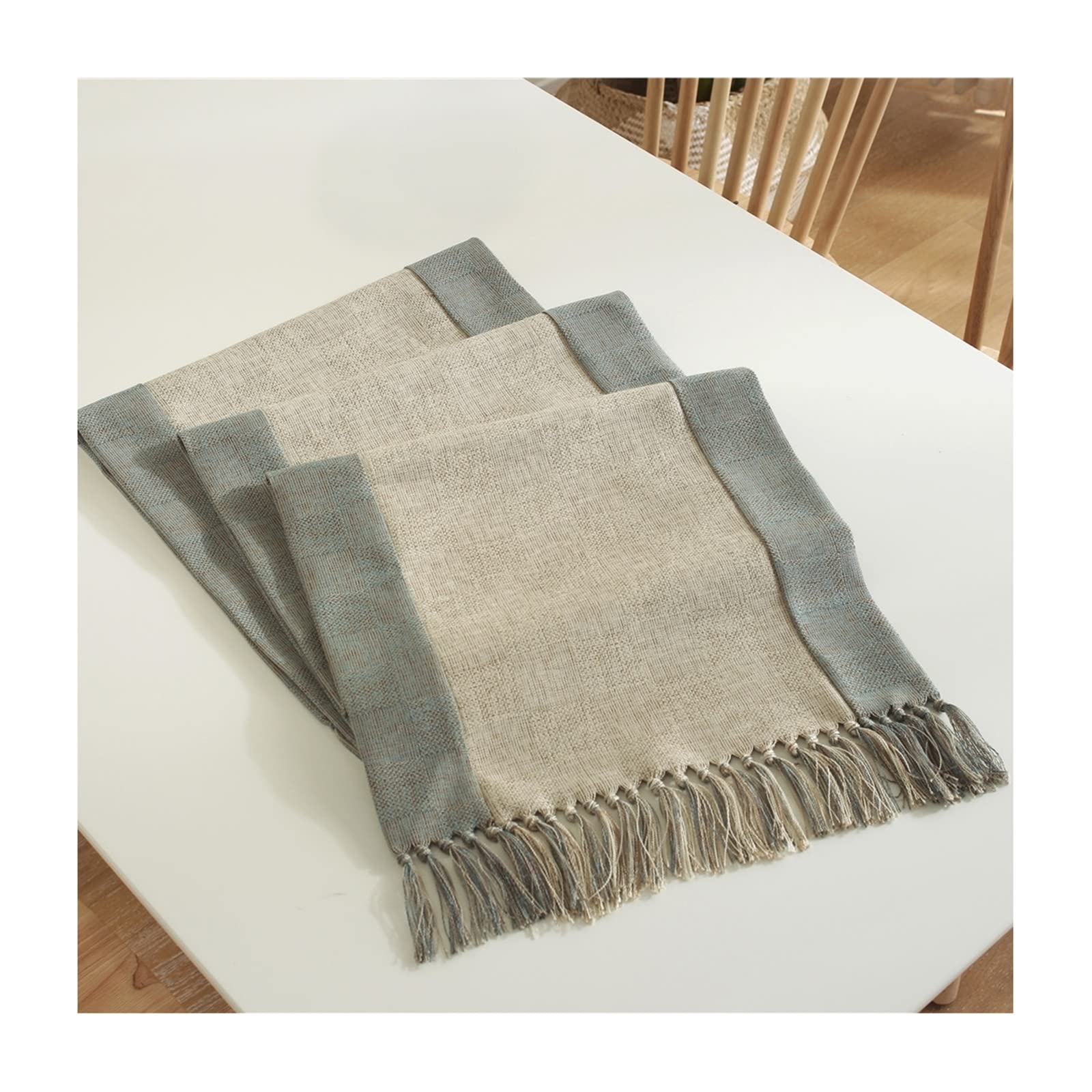 AmDxD Chemin de table de printemps, épissure avec pompon, taille : 38 x 240 cm, chemin de table en lin, fait à la main, facile d'entretien et anti-taches, pour mariage, décoration moderne, beige