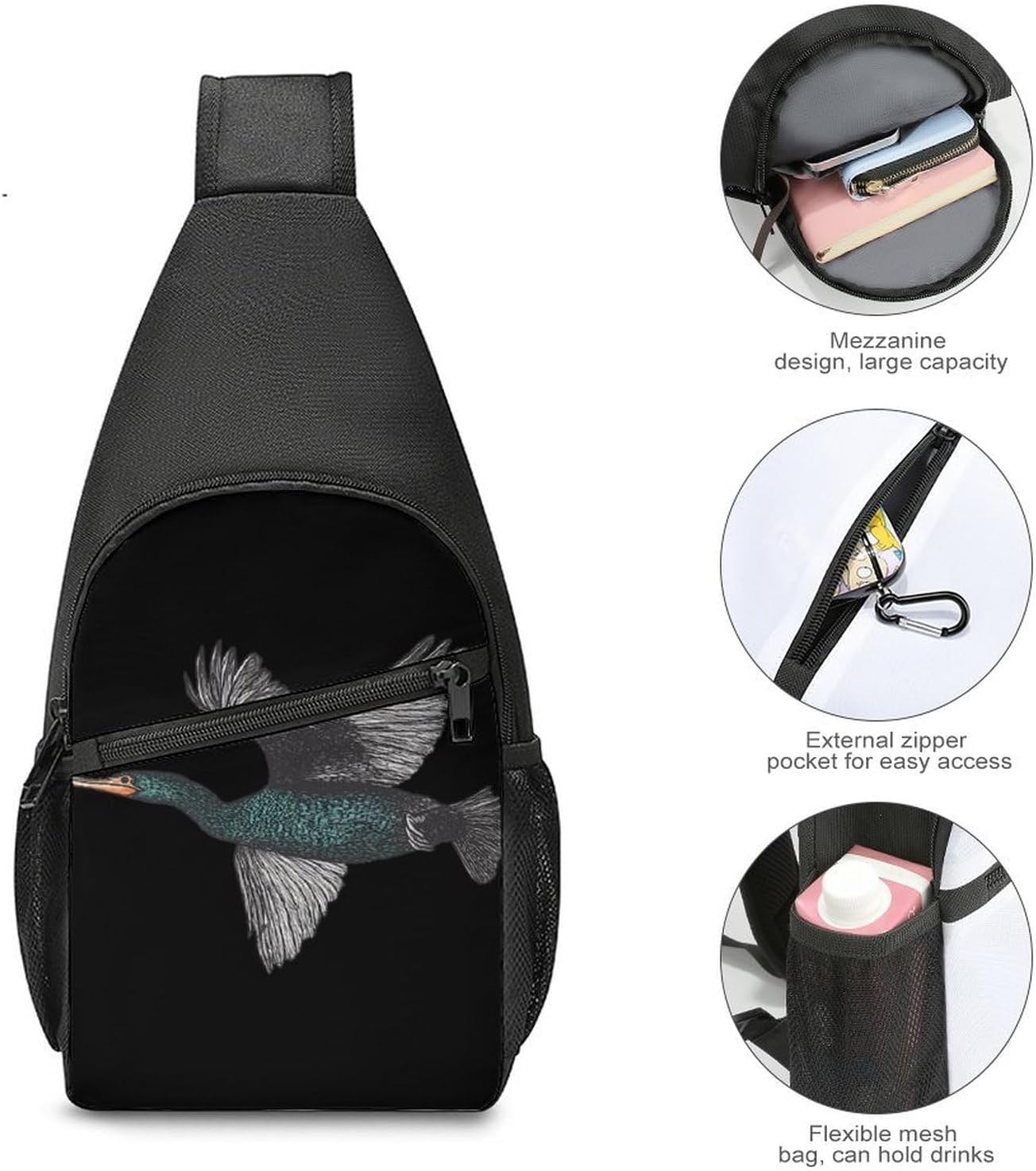 Flying Cormorant Crossbody Sling Backpack Chest Bag Daypack | unisex,trendy,with convertible and detachable shoulder strap,side pockets