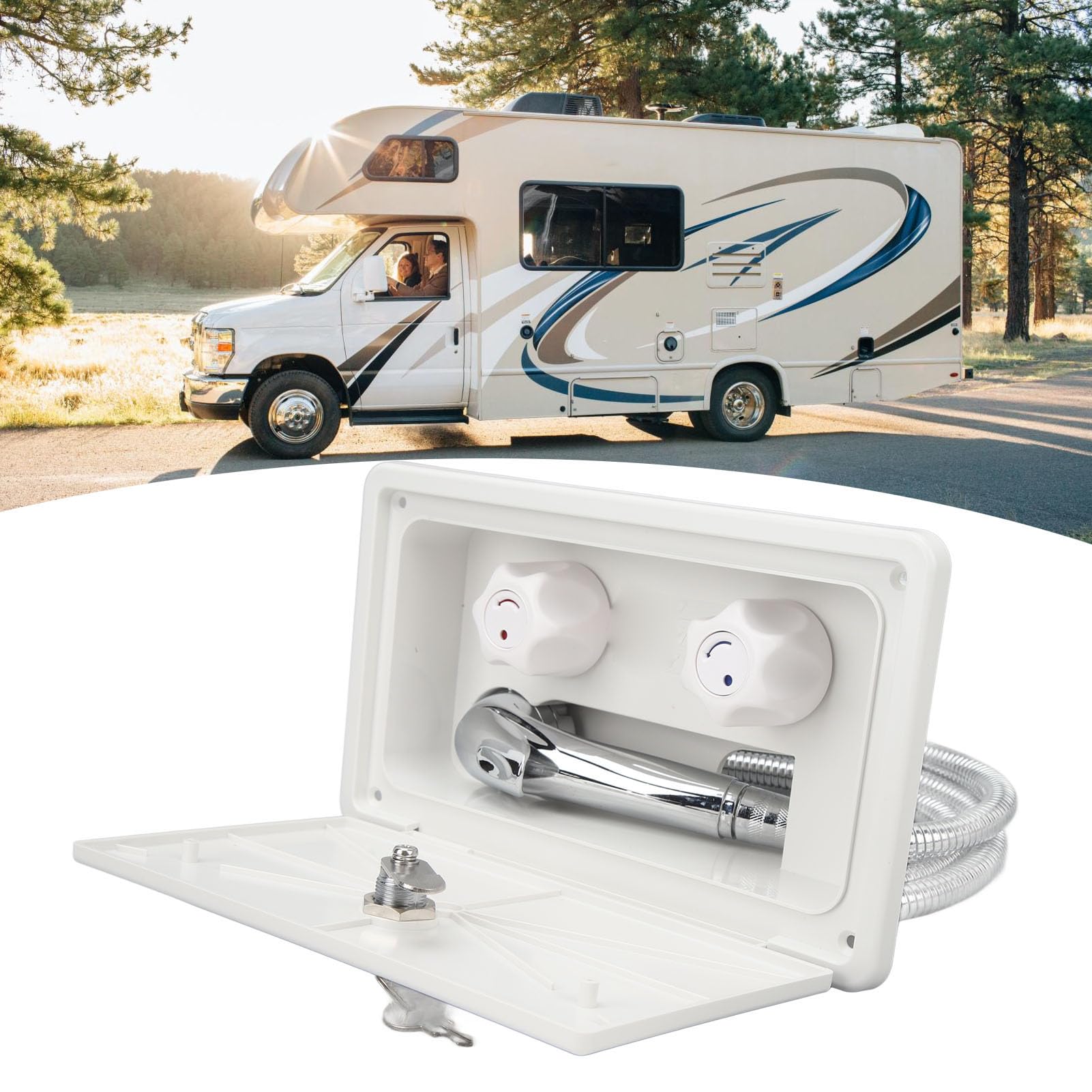 Akozon Kit de Caja de Ducha Exterior 1,5 M Manguera de Metal Al Aire Libre Lavado Spray Caja Conjunto para RV Autocaravanas Campervans (Blanco con Tubos Metálicos)