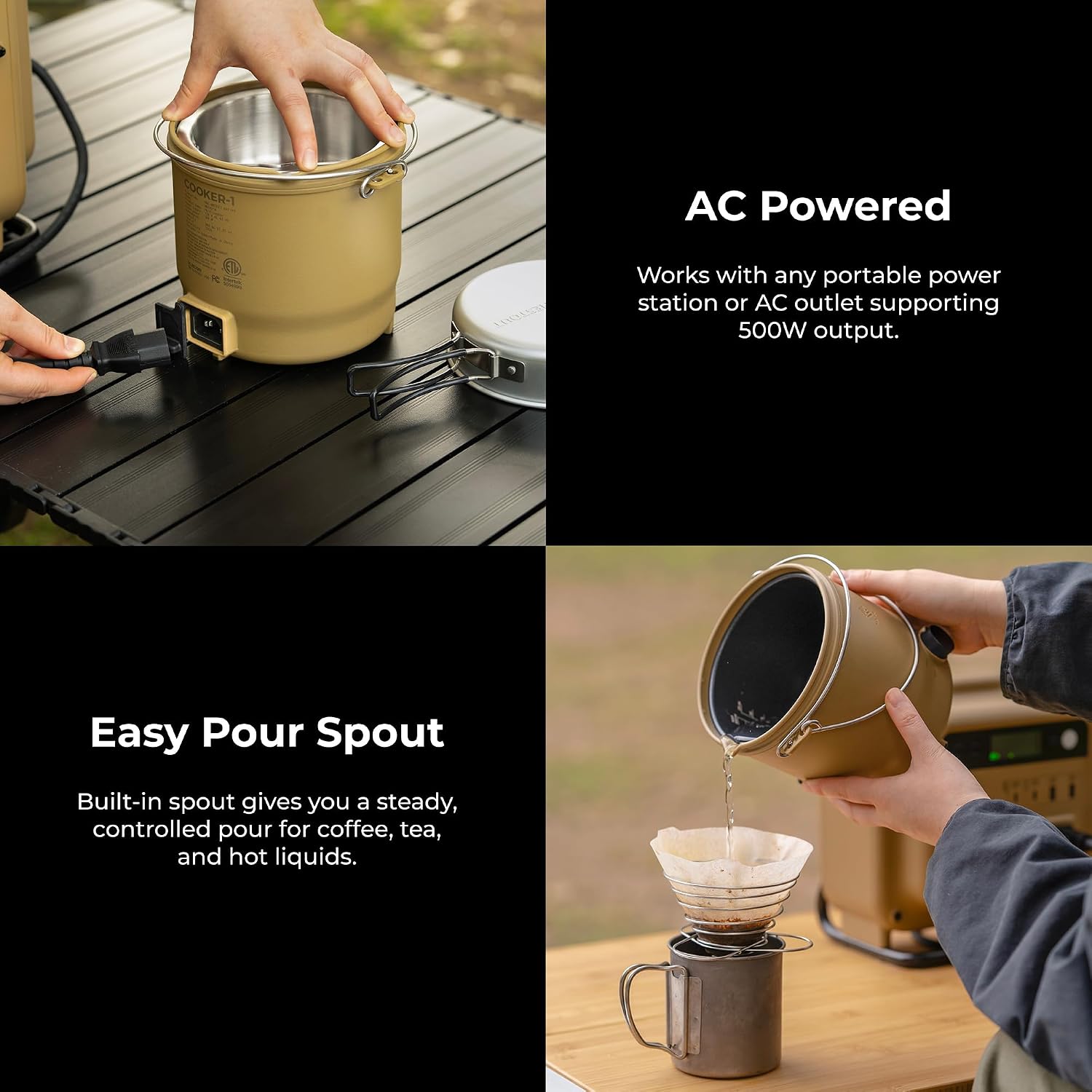 COOKER-1 Electric Cooker 500W Camping Stove, Portable Plug-In for Power Stations, Rice Cooking Mode, 3 Heat Settings, 800ml Capacity, Durable Outdoor Use (Beige)