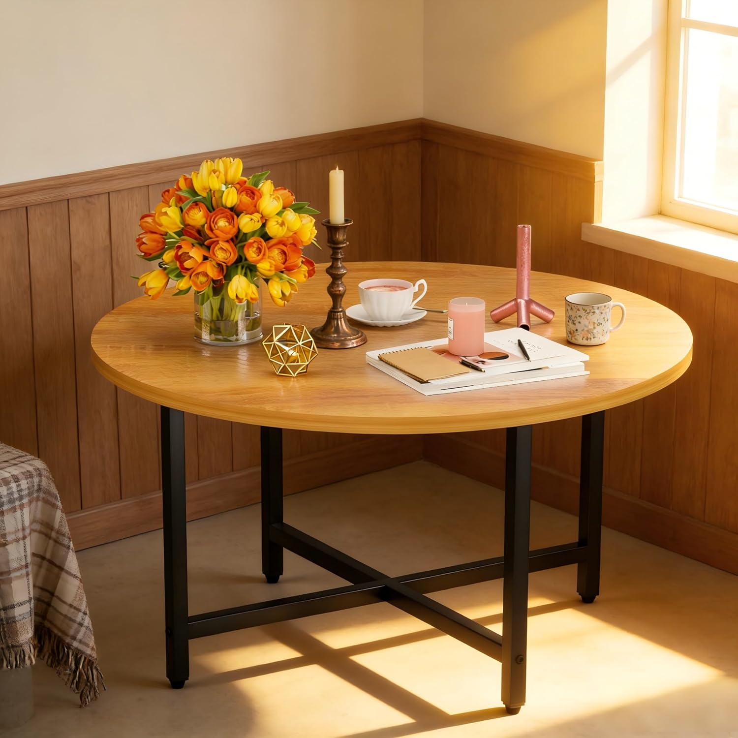 Round Coffee Table, 27.6" Circle Coffee Table for Living Room, 2-Tier Wood Accent Center Table with Open Storage Industrial Design Home Furniture, Rustic Brown