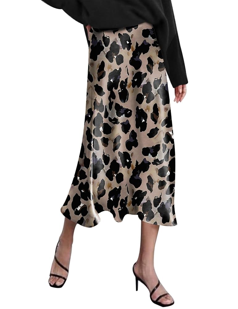 Zeagoo Womens Leopard Skirt Midi Knee Length Fall Silk Skirt