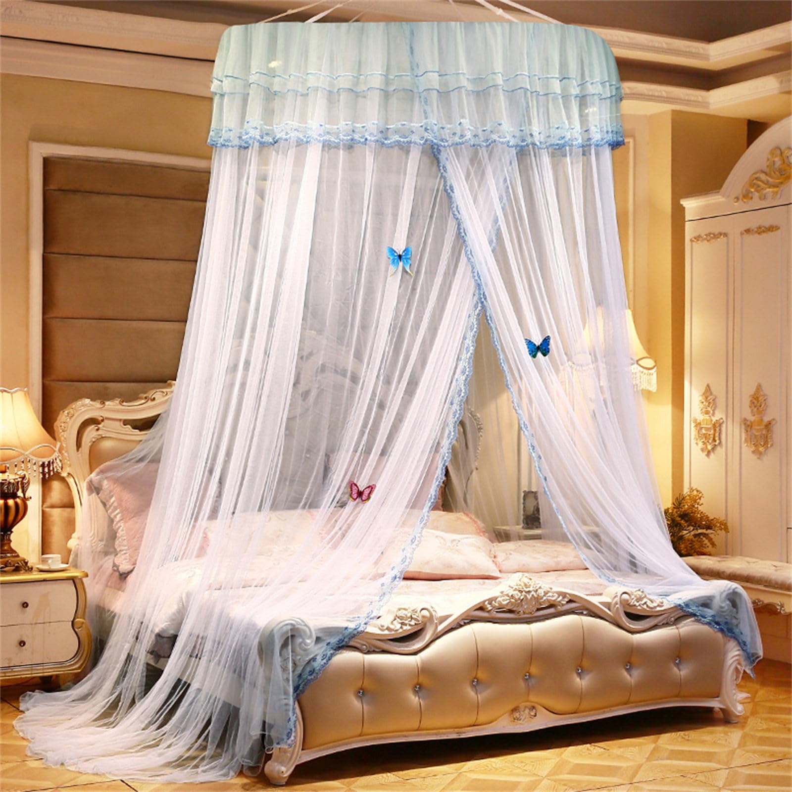 ENEN Lace Edge Bed Canopy Mosquito Net,Bed Canopy Round Dome Canopy Bed Curtains Dome Hanging Bed Tent Fly Canopy Mosquito Nets for Decorations- Butterfly Ornaments Not Included (White)