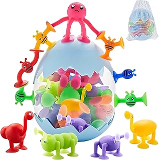 ZMZS Suction Toys for Baby,Bath Toys for Kids Ages 4-8,40 Pieces Toddler Stress Release Sensory Toys,Silicone Suction Cup Animal with Dinosaur Eggshell Storage,Educational Gift for Boys Girls Age 3+