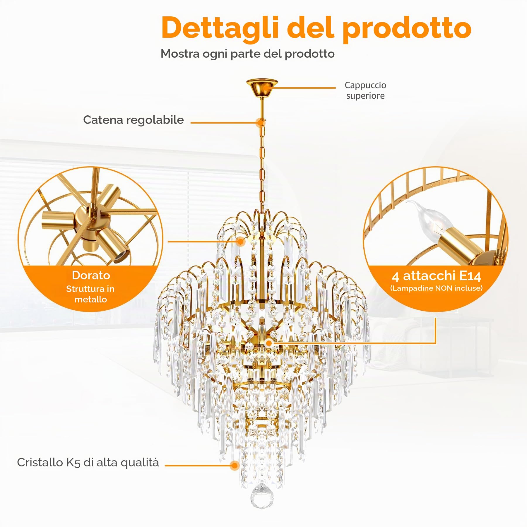Ridgeyard - Lampadario in cristallo, 3 luci, catena regolabile, stile moderno a goccia di cristallo, K5, illuminazione LED da soffitto per camera, soggiorno, corridoio, 7 livelli, Oro