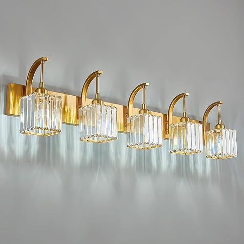 Miniatura 45 de Luces de tocador de cristal cromadas de 4 luces, modernas lámparas de baño de cristal sobre espejo de 32.67 pulgadas de largo para baño Cromo