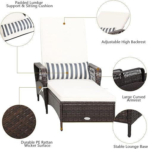 Miniatura 7 de HAPPYGRILL Sillón reclinable de ratán de polietileno para exteriores, tumbona para patio con almohada de cintura extra, silla reclinable con 6