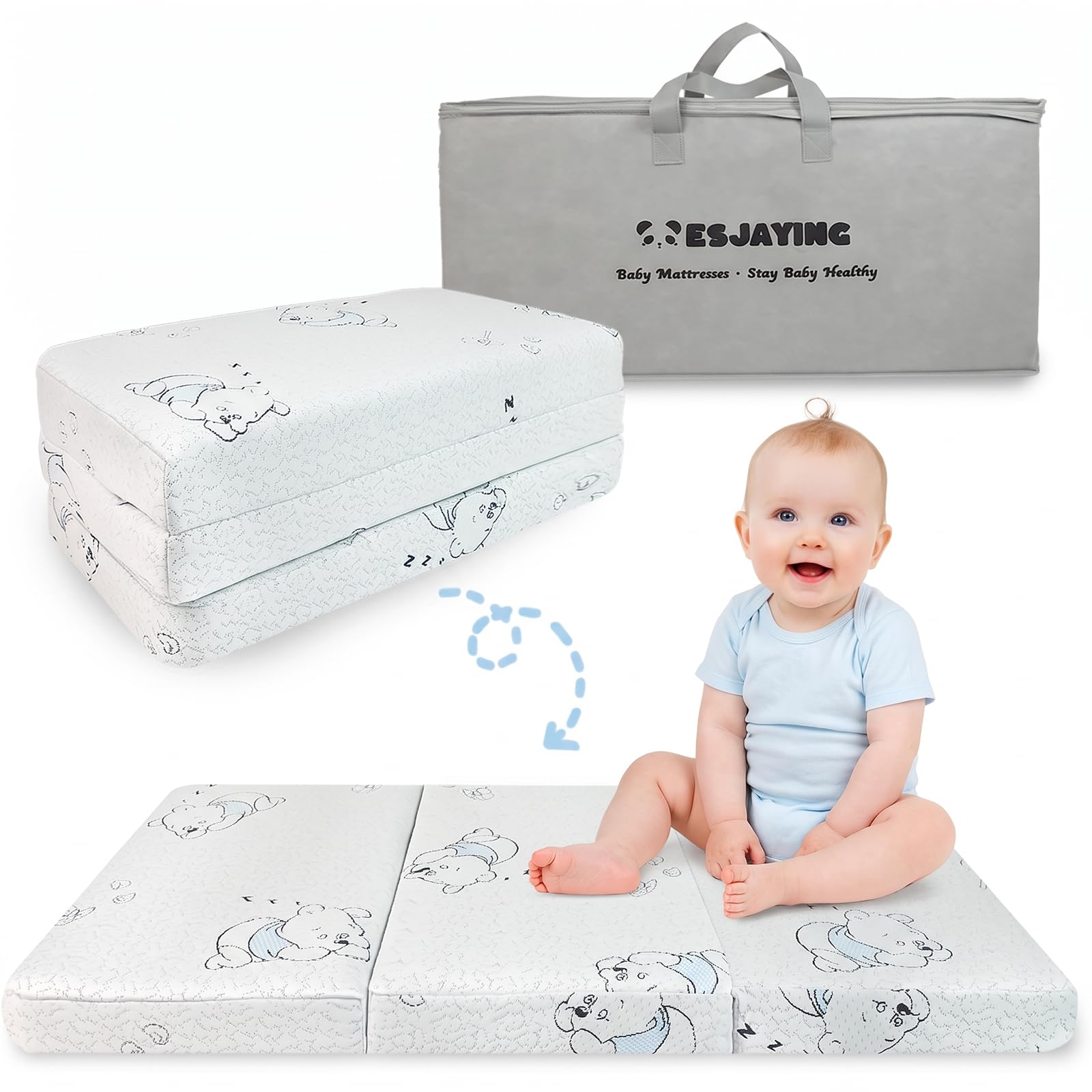Trifold Pack and Play Mattress, 38"x 26" high Density Memory Foam Mattress for Pack N Play with Breathable Washable Cover, Portable Pack N Play Mattresses Topper Travel with Carry Bag