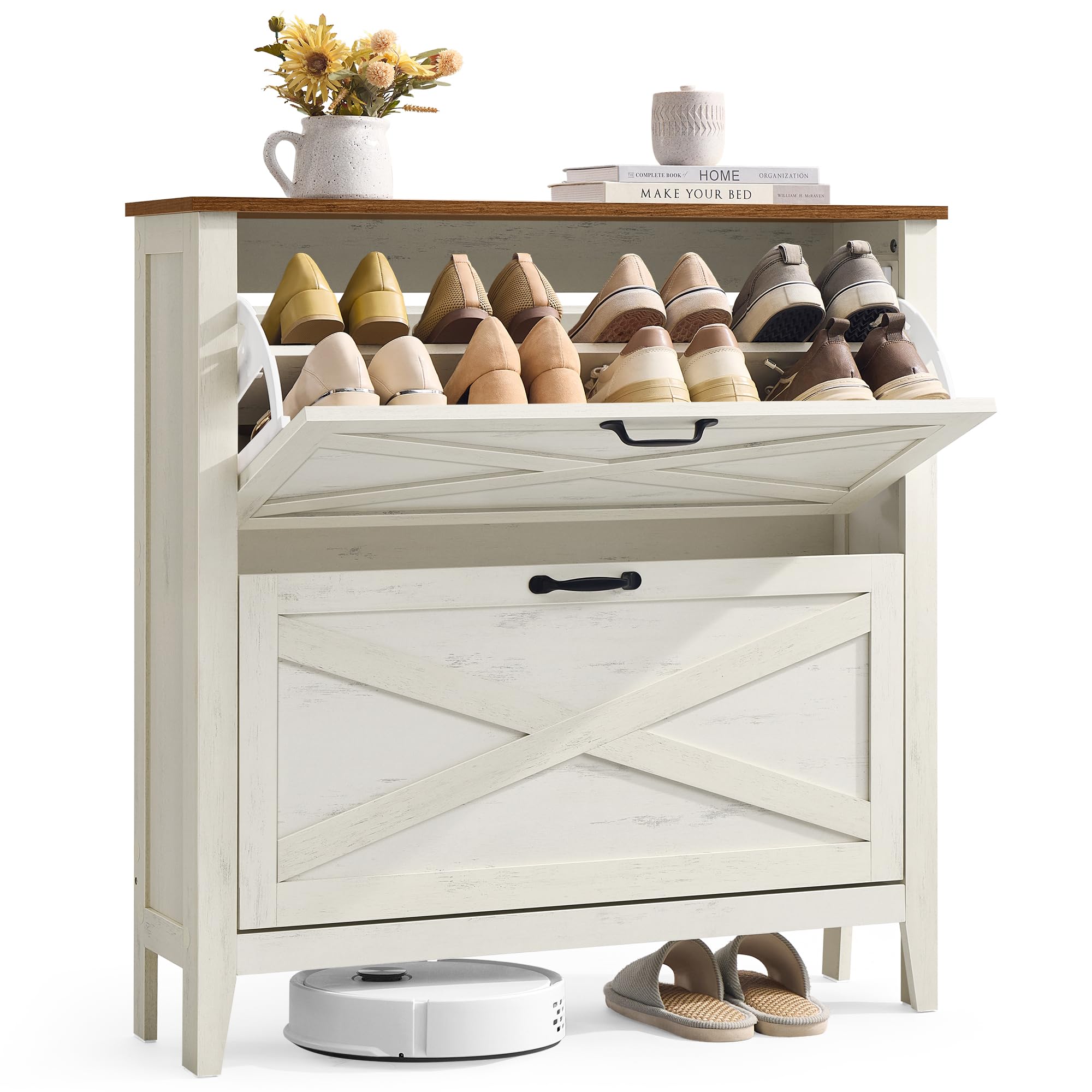 VASAGLE LIRY Collection - Shoe Storage Cabinet Organizer with 2 Flip Drawers, Freestanding Narrow Shoe Rack Cabinet for Entryway, Farmhouse Style, Fits 12 to 16 Pairs, Rustic White UHSC201W01