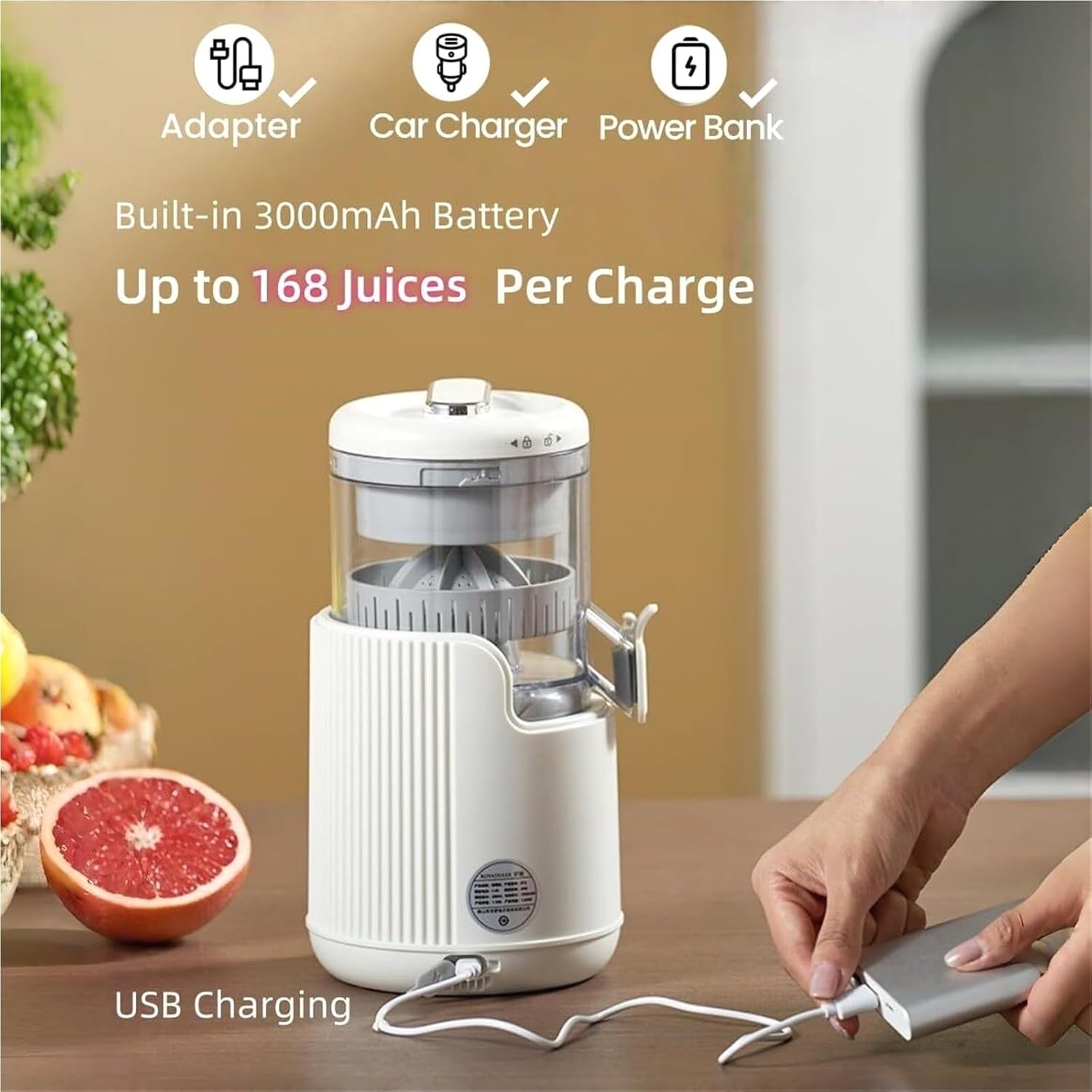 Portable USB Rechargeable Electric Citrus Juicer with One-Touch Operation, Cordless Lemon and Orange Squeezer for Kitchen, Travel, Camping