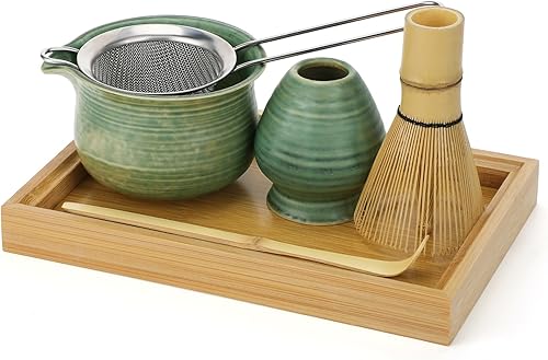 MADHOLLY Juego de batidor de matcha con bandeja, cuenco de matcha con boquilla, batidor y soporte, cuchara de bambú, tamiz, kit de matcha japonés,
