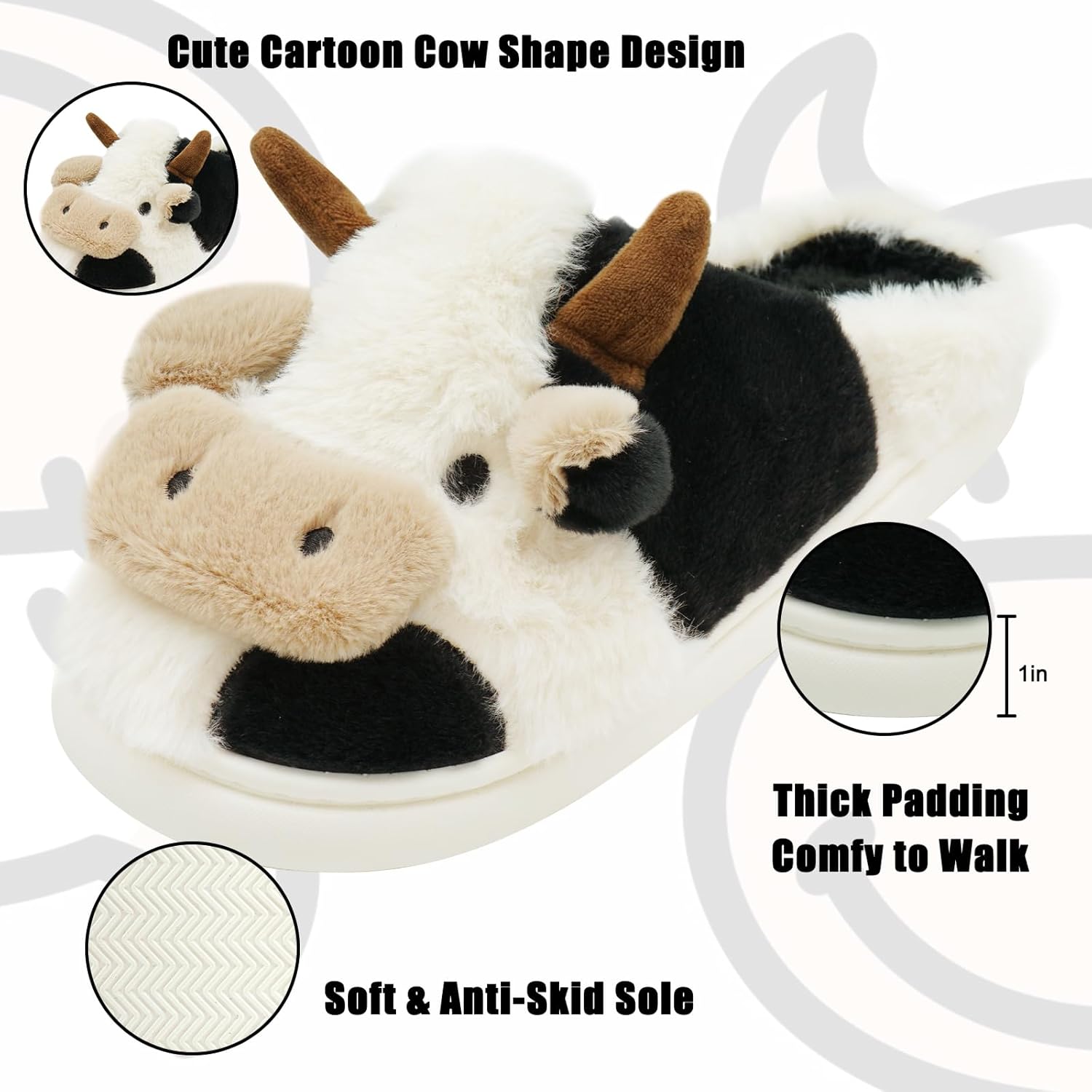 Nackiy Cow Slippers for Women & Men, Cute Animal Fuzzy Slides, Soft Cotton Plush Indoor Outdoor Shoes for Bedroom Living Room House - Image 4