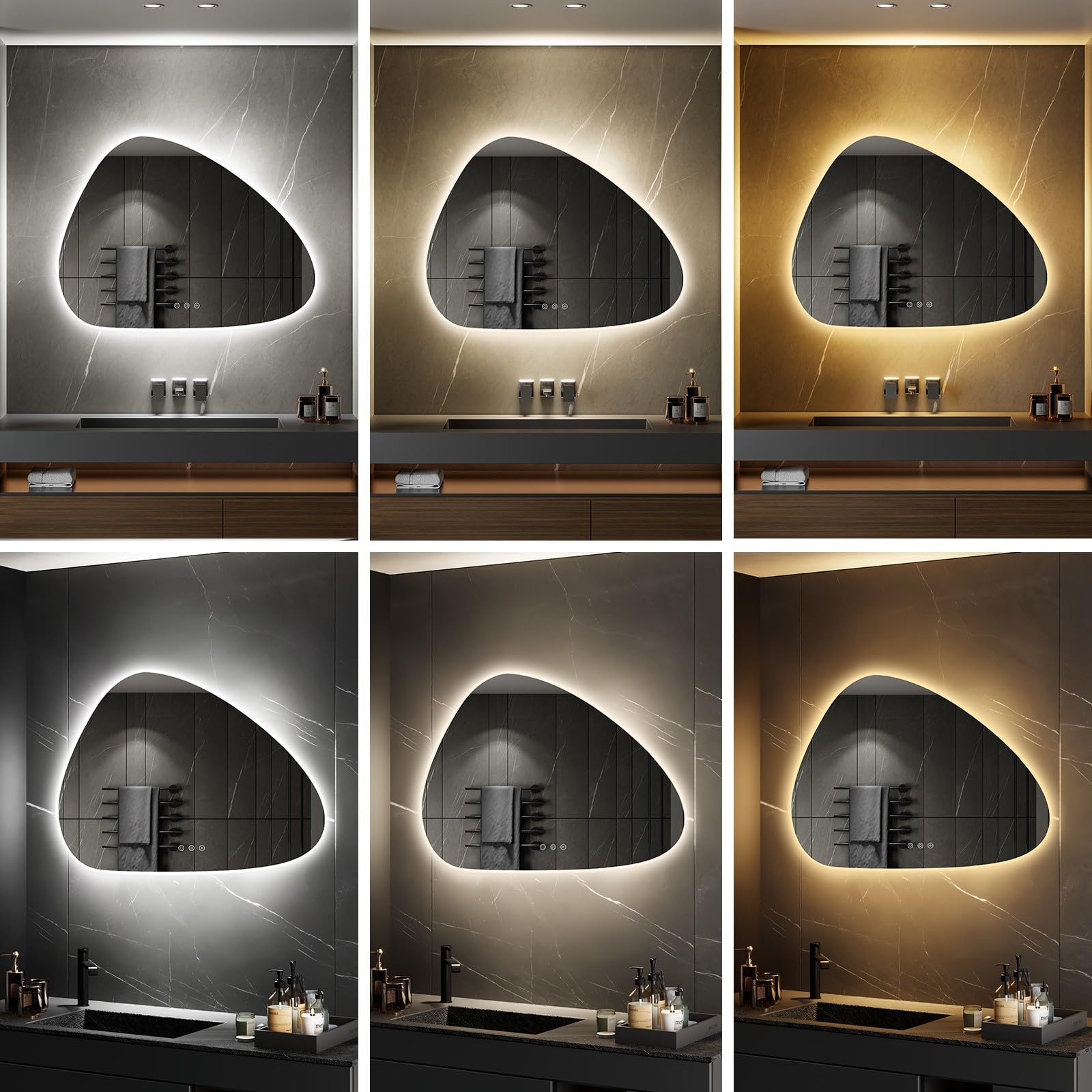 SANIVERRE GALEO Miroir Organique LED Lumineux 60 x 80 cm Tactile Anti-buée + intensité & Couleurs réglables + mémoire - réversible asymétrique