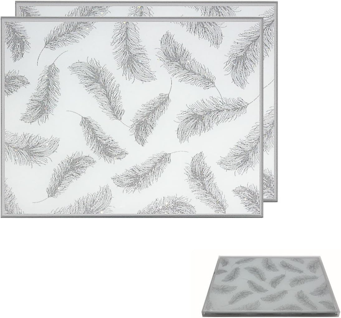 Elegant Glass Silver Glitter Feather Pattern Placemat and Coaster Set (Set of 2 Placemats)