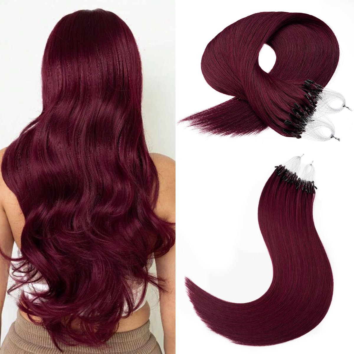 Kpvxxve Micro Ring Hair Extensions Human Hair Micro Loop Human Hair Extensions 1g/Strand 50g Natural Hair Micro Bead Hair Extension (#99J, 14inch)