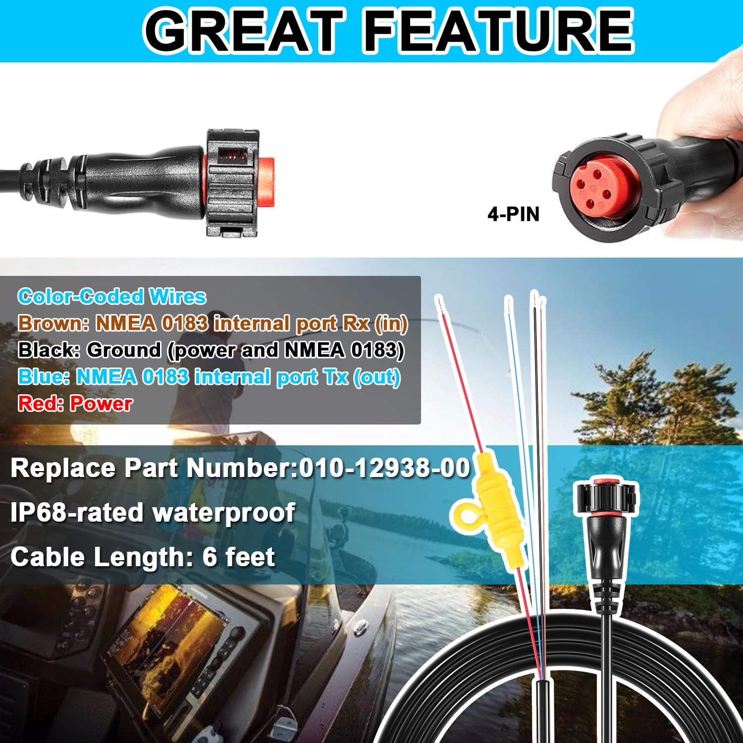 mooncar ‎010-12938-00 Power Cable 4-pin Replace for Garmin EchoMAP Ultra 102sv/106sv/122sv/126sv,for Ultra2 10" Chartplotters, for Ultra2 12" Chartplotters Fish Finders