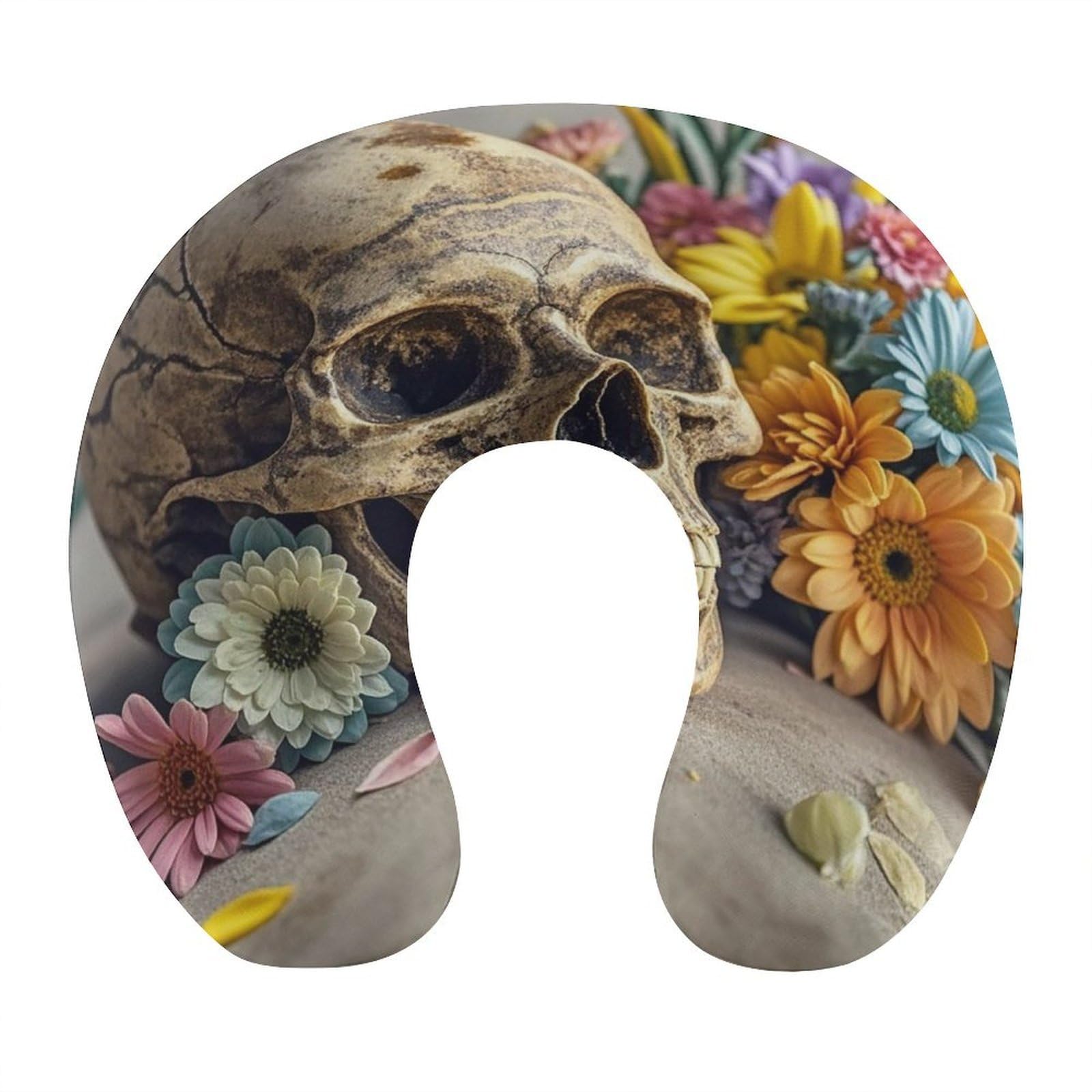 FekiLoot Ancient Skull and Flowers Travel Pillow Comfortable U Shape Memory Foam Pillows Neck and Head Support Portable Travel Neck Pillow Suitable for Planes Trains Self-Driving Cars