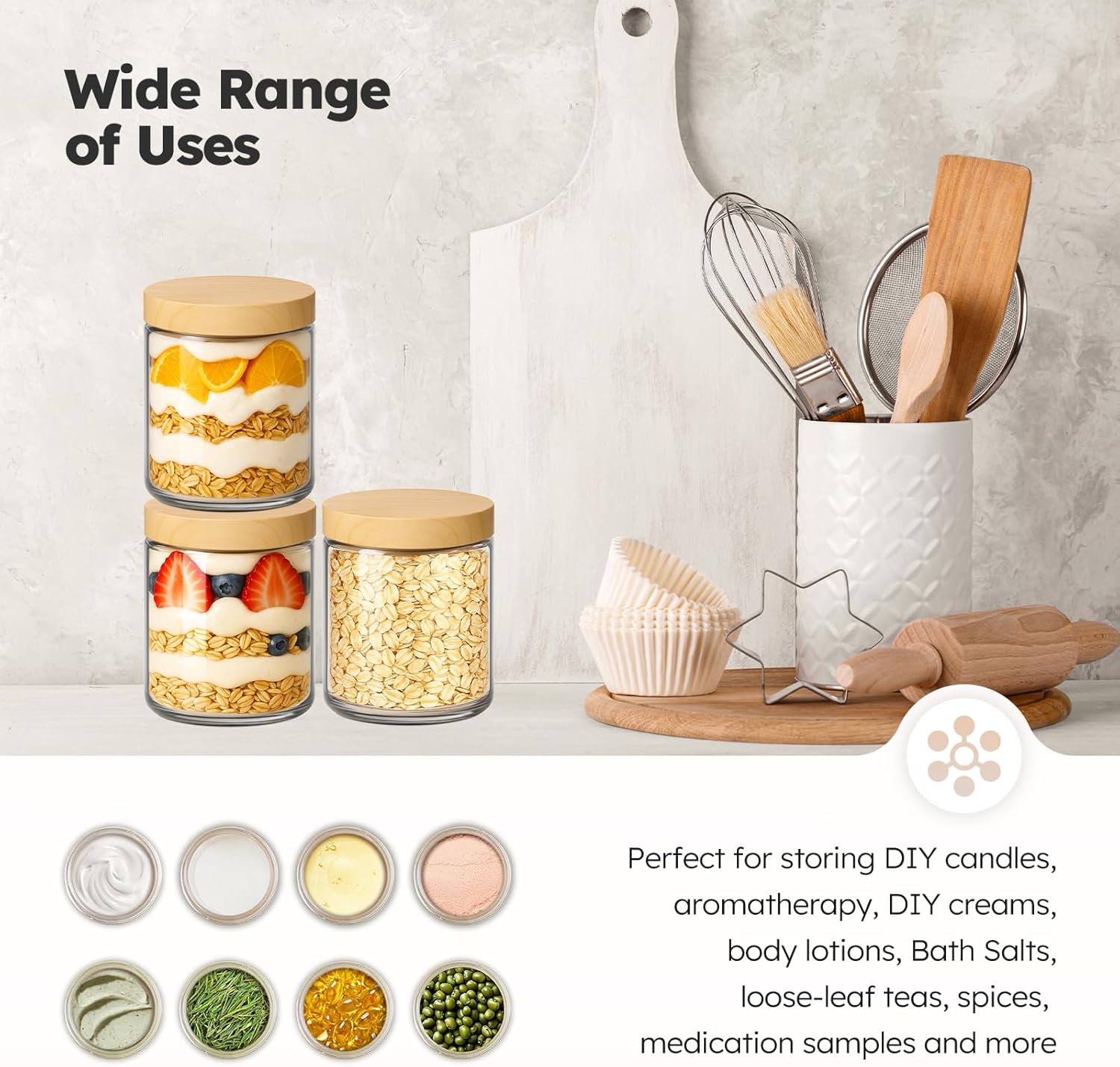 8 oz Glass Jars with Lids, 30 Pack Clear Small Glass Jars with Woodgrain Lids Leakproof Round Airtight Empty Cosmetic Travel Containers for Lotions Powders and Candle Making