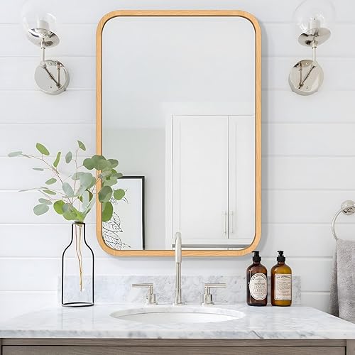 FUWU HOME Wood Bathroom Mirror for Wall 18" x 24" Farmhouse Rounded Corner Rectangle Mirror with Wooden Framed for Home Living Room Bedroom Wall Mounted Decorative Mirror (Natural Beech Wood)