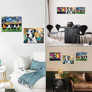 PIY PAINTING 装飾ウォールアート 、可愛い犬 絵画 ポスター キャンバスアートバンドル 計 4 枚セット（1 枚パネル + 3 枚パネル） 星空動物テーマ 仔猫 & 犬 ゴッホ風 & グラフィティ 木枠付き リビング寝室玄関装飾 誕生日新築祝いギフト 30×40cm