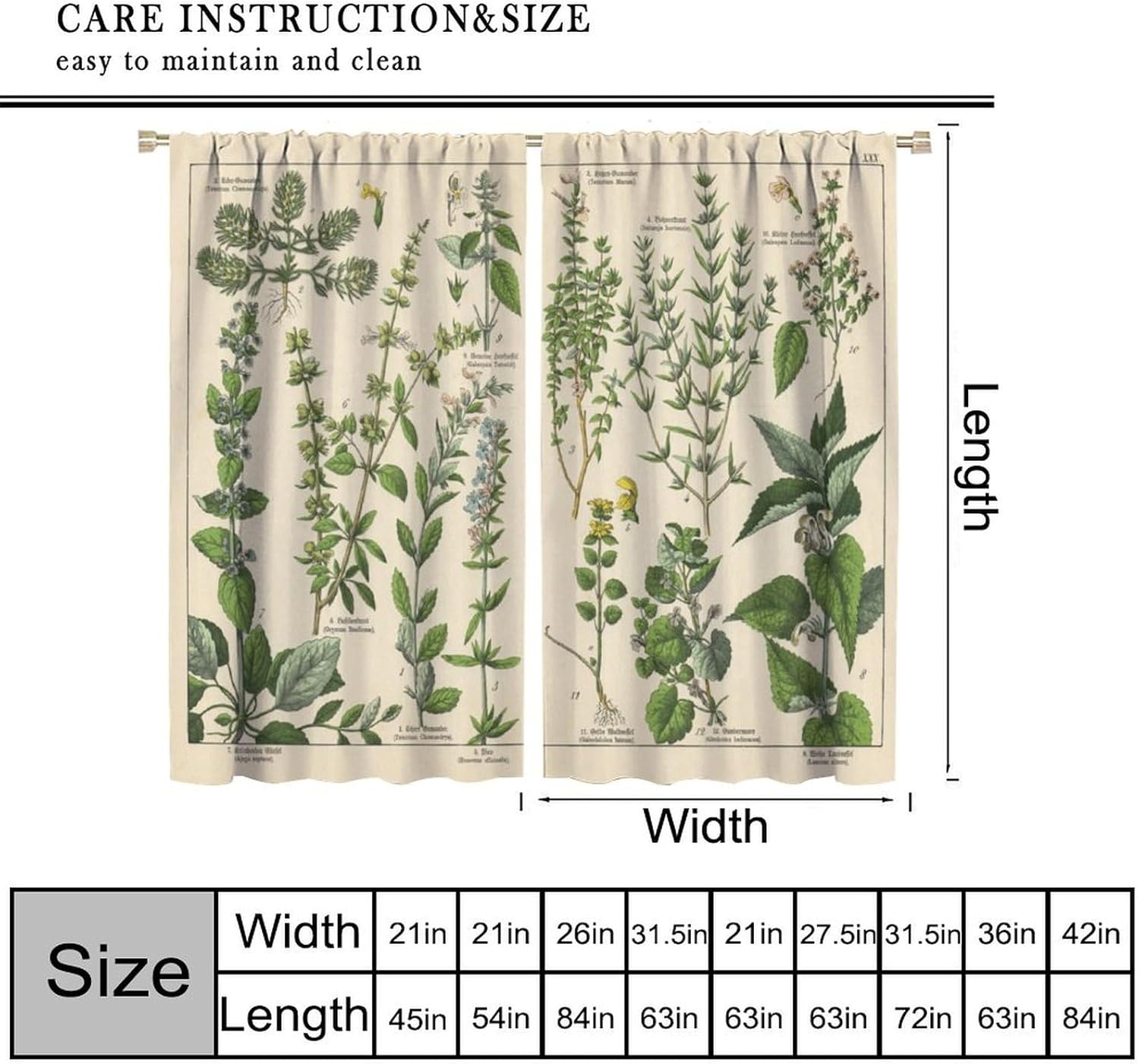 Vintage Botanical Curtains, Antique 1900s Plants Herbs Boho Retro Green Leaves Blackout Window Treatments, Rod Pocket Thermal Insulated Drapes 2 Panels Set for Bedroom Living Room, 42"W X 54"L