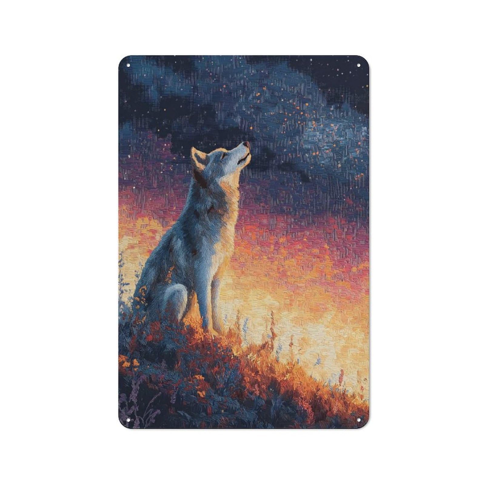 Industrial Wolf Howling at Starry Sky Retro Metal Sign 30x20cm, Shed Wall Plaque for Garage, Workshop, Shed Or Utility Room