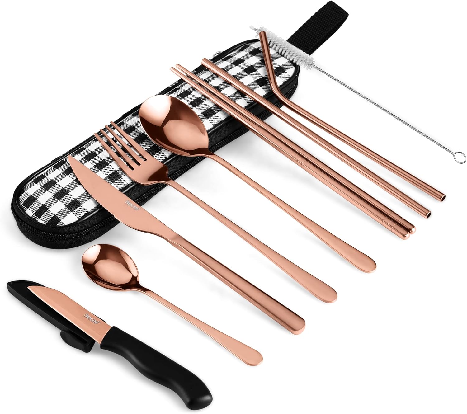 hecef 10 PCS Camping Travel Cutlery Set with Compact Mesh Bag, Reusable