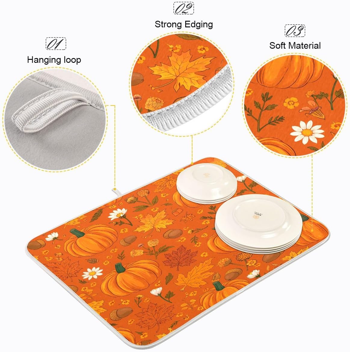 Pumpkin Maple Fall Dish Drying Mat 16x18 Absorbent Autumn Dishes Pad Dish Drainer Mat Protector for Kitchen Fast Dry