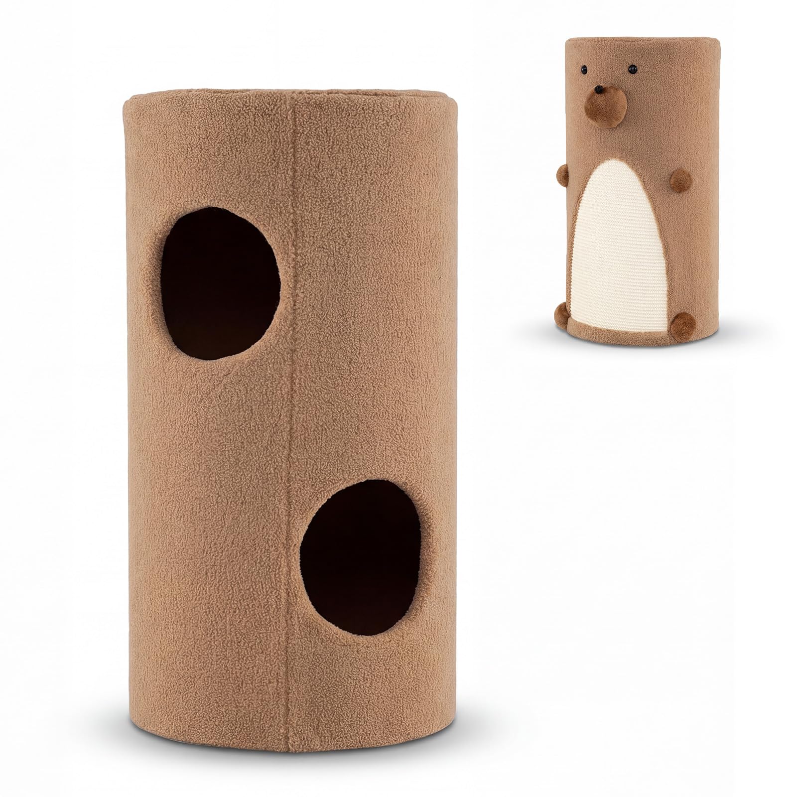 COSTWAY Kratztonne, Ø 35 cm, 66 cm hoch, Katzentonne mit Sisal-Kratzmatte, 2 Katzenhöhlen, Katzenbett, Kratzbaum für kleine und mittelgroße Katzen, Katzenbaum bis 15 kg, Braun