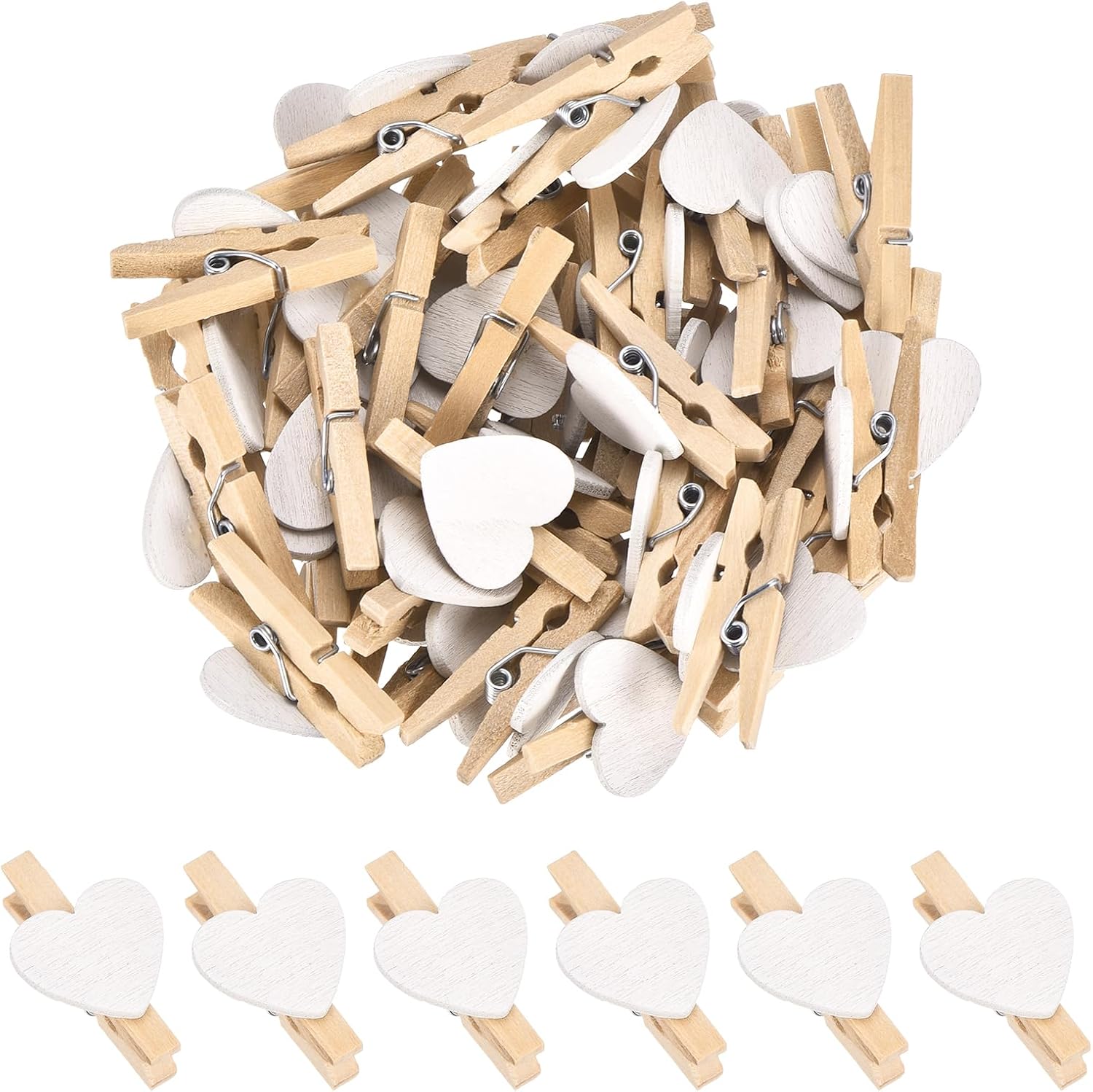 uxcell 100Pcs Mini Heart Photo Clips, 1.2 Inch Wooden Clothespins for Pictures Small Clothes Pins for Hanging Memo Card DIY Crafts Paper Photo Postcard Wedding Display, White