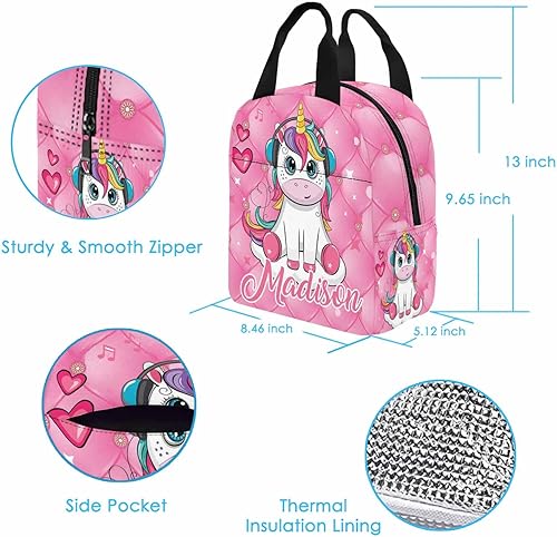 Miniatura 9 de Lonchera personalizada para niños con nombre de princesa rosa brillante personalizada aislada con 2 bolsillos, bonita lonchera para niños y niñas,