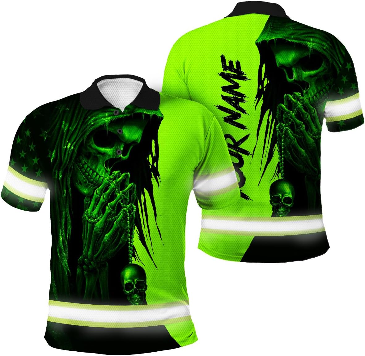 Maddly High Visibility Polo Shirt Skull US Flag Patriotic Safety Workwear Custom Name for Workers, Runners, Truckers