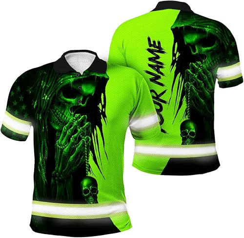 Maddly Polo de alta visibilidad con diseño de calavera y bandera de Estados Unidos, ropa de trabajo patriótica con nombre personalizado para